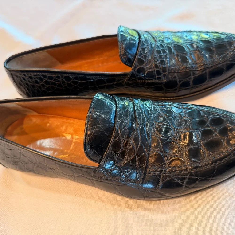 Salvatore Ferragamo Exotic Black Crocodile Leather Mens Penny Loafers Sz 10D